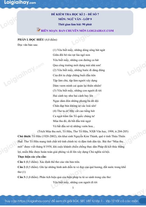 Đề thi học kì 2 Văn 9 - Đề số 7
